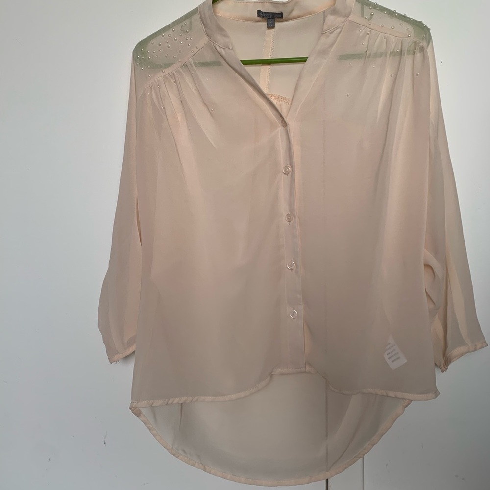 Sheer button front beige blouse